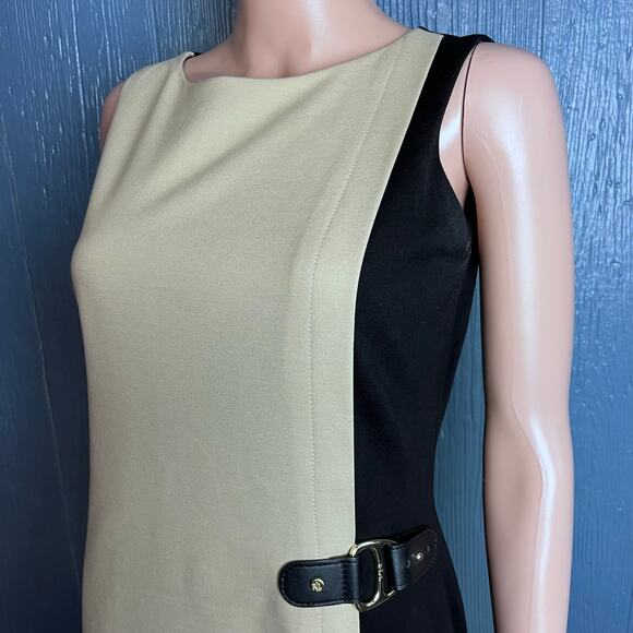 Lauren Ralph Lauren Color Block Sleeveless Dress 8 Career Faux Leather Buckle - Picture 2 of 5